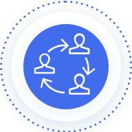 Blue circle with three people connected by arrows icon