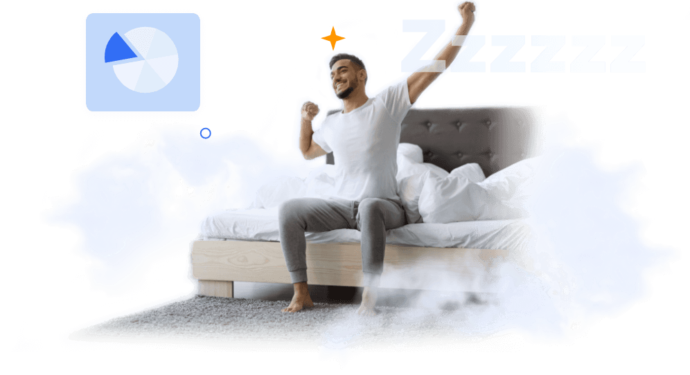 Man stretching in bed with circle and Zzzs icons